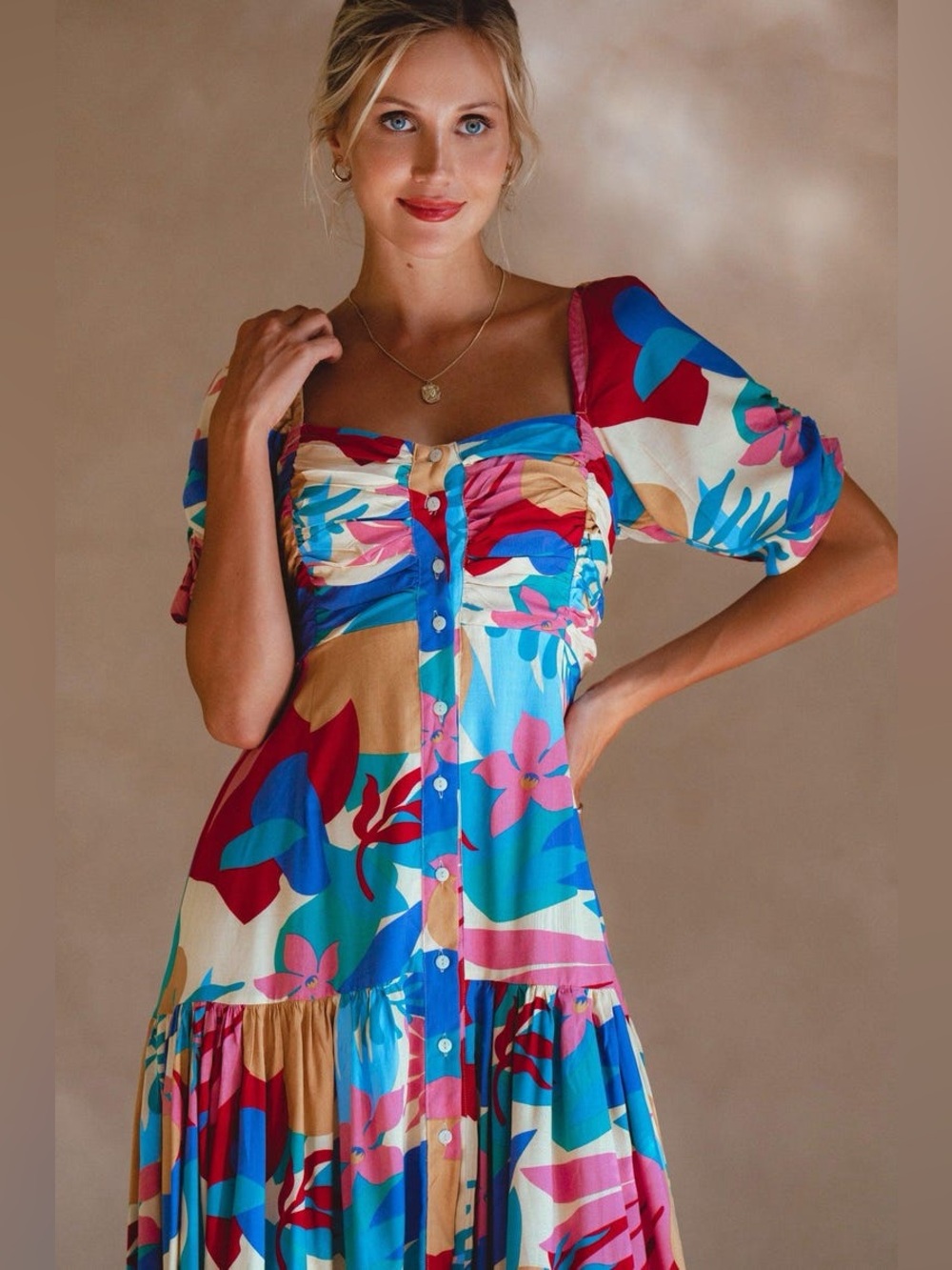Baleaf lilit midi dress button floral puff sleeve square neck Havana print NWT M
